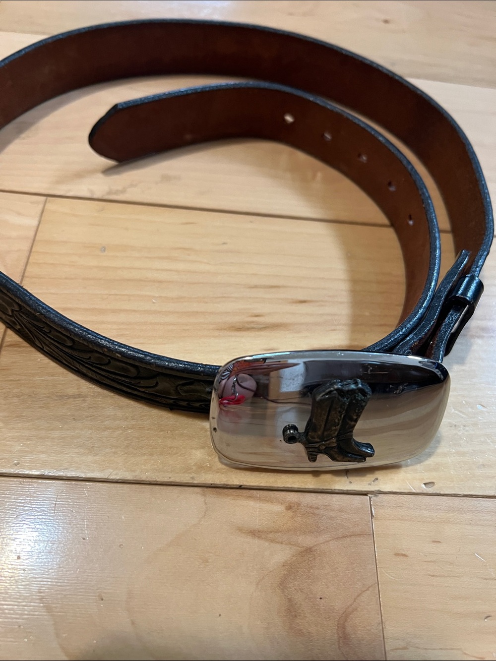 Vintage Black Tooled Leather Belt with Silver Cowboy Boot Buckle